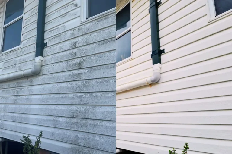 Weatherboard wall before and after an EnviroClean house wash